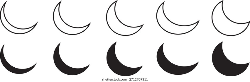 Moon icon set, Moon crescent icon symbol, light star shapes graphic vector, 
