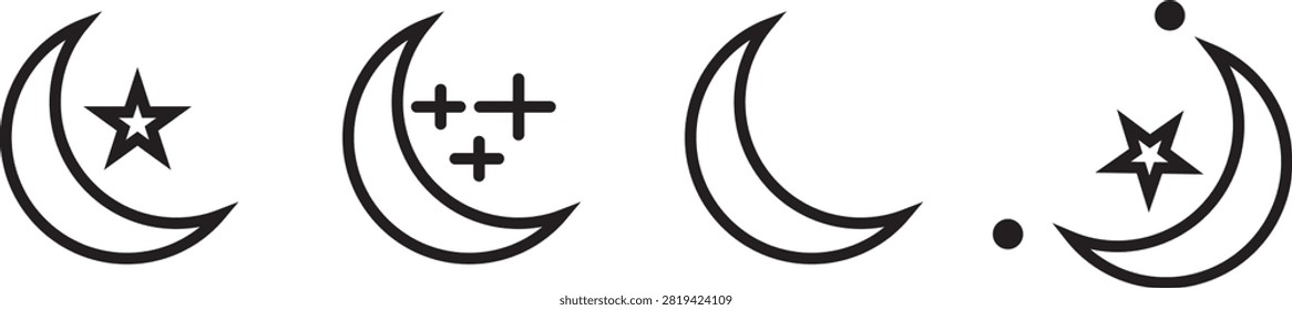 moon icon set with line art and solid glyph style.