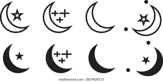 moon icon set with line art and solid glyph style.