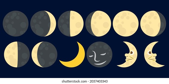  moon icon set new,  full , half, waxing crescent, first quarter, waxing gibbous, waning gibbous, last quarter, waning crescent . flat vector illustration isolated .