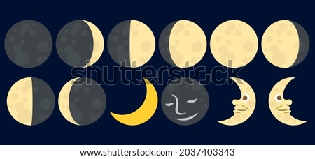  moon icon set new,  full , half, waxing crescent, first quarter, waxing gibbous, waning gibbous, last quarter, waning crescent . flat vector illustration isolated .