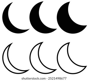 Moon icon set. Night icon set. Sparkle Icon Set of Moon. Different types of Moon, constellations, galaxies. Vector Illustration isolated. Dark mood icon