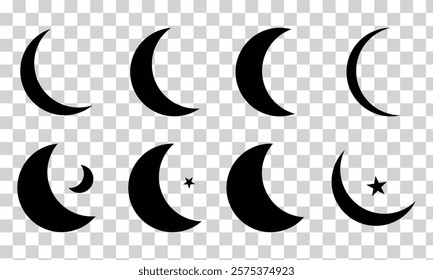 Moon icon set. Moon phase symbol. Crescent icon in glyph. Crescent icon with transparent background.