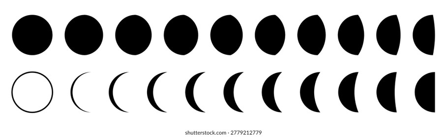 Moon icon set, moon phases, crescent, new, half, full moon, crescent, lunar cycle, solar eclipse, blood moon logo, label, badge, symbol, circle, black, flat vector illustration on white background.