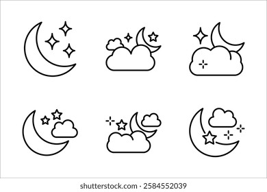Moon Icon Set, Silhouette Style, on white background.