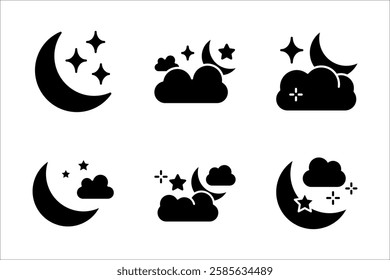 Moon Icon Set, Silhouette Style, on white background.