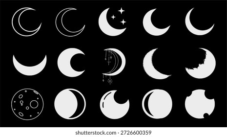 Ícone lunar definido em estilo de silhueta vetorial com formas crescente, cheia e decorativa para astronomia EPS e modelos de design.