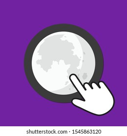 Moon icon. Space exploration concept. Hand Mouse Cursor Clicks the Button. Pointer Push Press
