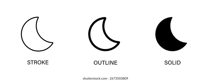 Moon icon for ui design, interface, light, dark, sleep. Vector stroke, outline and solid icons.