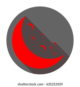 Moon icon vector illustration. Vector. Red icon with reddish shadow on dark gray circle at white background. Isolated.