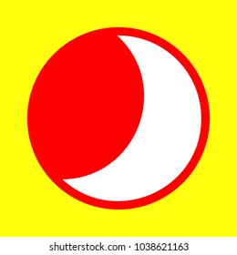 Moon icon. Vector. White flat icon inside red circle at yellow background. Isolated.