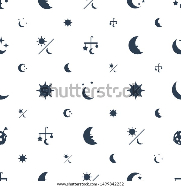moon icons pattern\
seamless white background. Included editable filled bed mobile,\
moon and stars, sun and moon, sun, crescent, flag on icons. icons\
for web and mobile.