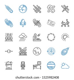 moon icons set. Collection of moon with cloudy, jupiter, sleep, astronaut, observatory, meteorite, solar system, storm, eclipse, asteroid, mars rover. Editable and scalable moon icons.