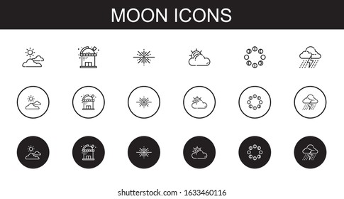 moon icons set. Collection of moon with cloudy, observatory, big bang, moon phases, storm. Editable and scalable icons.