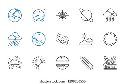 moon icons set. Collection of moon with storm, asteroid, jupiter, eclipse, planet, cloudy, uranus, big bang, mars. Editable and scalable moon icons.