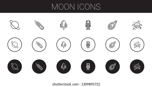 moon icons set. Collection of moon with uranus, asteroid, spaceship, astronaut, meteorite, planet. Editable and scalable moon icons.