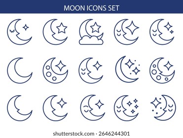 Moon Icons Set. Crescent, Full Moon, Phases, Night