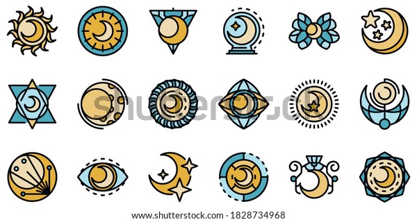 Moon icons set. Outline set of moon vector icons\
thin line color flat on\
white
