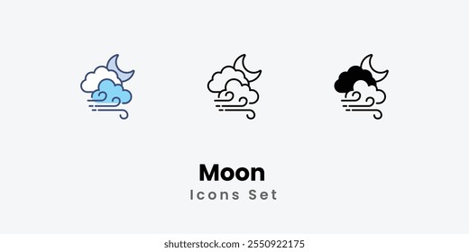 Conjunto de iconos de luna línea delgada e ilustración de icono de Vector de glifo
