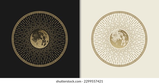 Moon illuminates the night sky with its radiant glow, illustration use engraving style