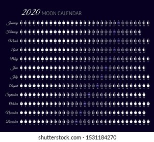 Moon illumination and moon age at 2020 year. Daily planner of lunar cycles. Moon stages calendar on black background. Dates for full , new moon and every phase in between vector illustration.