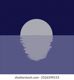 a moon illustration with dark waters belowand a reflection creating a symmetrical and tranquil pattern a deep sky midnight blue with some dotted and numerous small stars concept.