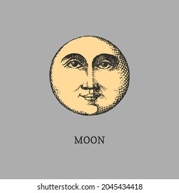 Moon illustration in engraving style. Graphic retro drawing in vector. Vintage pastiche of esoteric and occult sign.