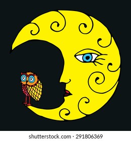 Moon illustration with red -yellow owl