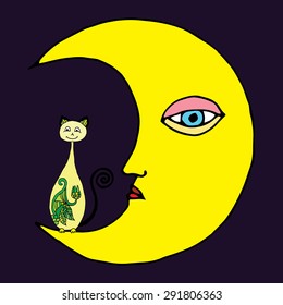Moon illustration with yellow cat