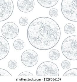 Moon. The image of the planet. Space theme, earth satellite. Wallpaper or wrapping paper. Printing on textile, fabric, cover. Seamless vector ornament. Pattern for design. 