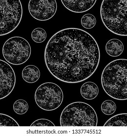 Moon. The image of the planet. Space theme, earth satellite. Wallpaper or wrapping paper. Printing on textile, fabric, cover. Seamless vector ornament. Pattern for design. 
