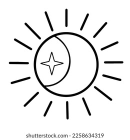 Moon inside the Sun. Vector black and white icon. The vernal equinox. Autumn equinox. The length of the day is equal to the length of the night. Vector illustration