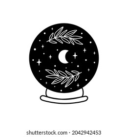 Moon into crystal ball. Celestial moon, stars, floral branch. Mystical moon witch graphic element isolated. Celestial crescent vector illustration. Mystery, witchcraft, halloween symbol. Magic ball.