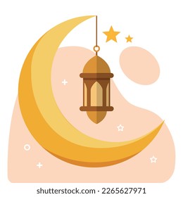 Moon and islamic lantern cutout. Festive greeting card for Muslim holy month Ramadan Kareem. Arabic lantern, Ramadan kareem background. Ramadan kareem greeting card template. Islamic crescent moon.