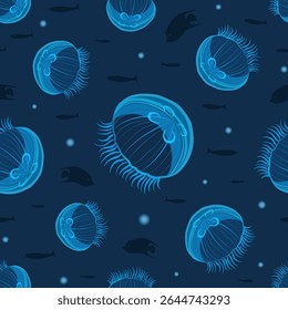Moon Jellyfishes. Monochrome dark blue seamless pattern