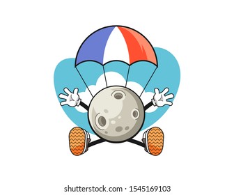 Moon jumping parachute cartoon. Mascot Character vector.