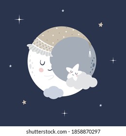 Moon kids design room decoration t shirt print logo design textile night star cloud smile hat drop eyes 