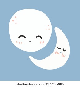 Moon. Kid's illustration in a cute style for printing on clothes, stickers, postcard, children's textiles, decor. A set of funny prints.