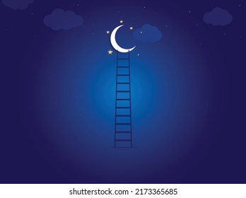 Moon, with ladders on blue night view sky vector. dream concept. Eid festival concept