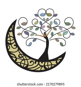 moon and lady tree, woman with leaves branches