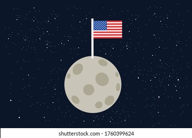 Moon landing - natural satellite is explored and colonized by human mission by United States of America - USA. Colonization and exploration of outer space, cosmos. Vector illustration.