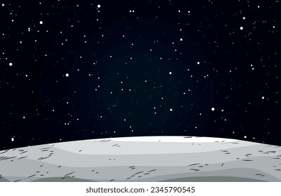 Ilustración de fondo del paisaje lunar con cielo oscuro y estrellas brillantes 