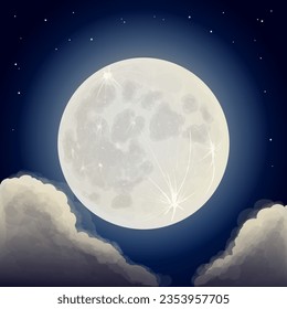 Moon. Landscape with full moon, stars and clouds. Night sky. Vector. Illustration. Night. Illustrat3.