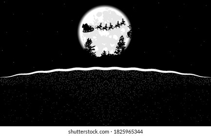 Moon landscape with santa claus in black and white, vector art illustration.