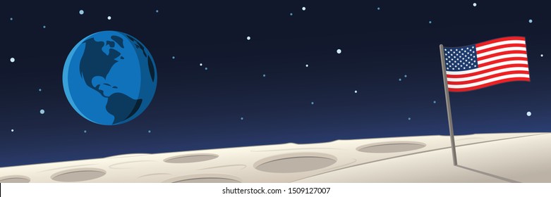Moon Landscape With United States Flag and Earth Scene