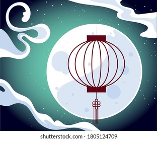 moon with lantern and clouds design, Happy mid autumn harvest festival oriental chinese and celebration theme Vector illustration