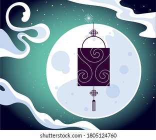 Luna con diseño de linternas y nubes, Feliz festival de cosecha de mediados de otoño oriental chino y tema de celebración Ilustración vectorial