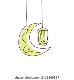 Moon and lantern decoration one line drawing vector illustration minimalist.