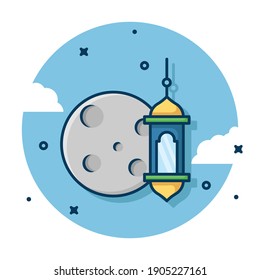 Moon and lantern isolated on white background. Ramadan vector illustration. Moslem celebration. Suitable for banner, icon, web landing page and more.