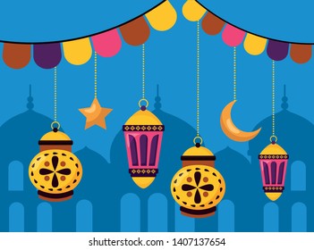 moon lantern star celebration eid mubarak vector illustration